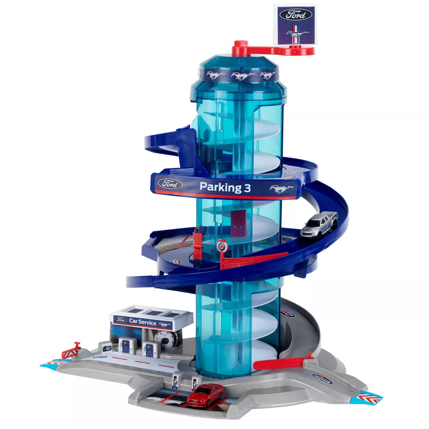 Ford Car Service Helix Shaped Multi Story Parking Garage Playset with 2 Cars