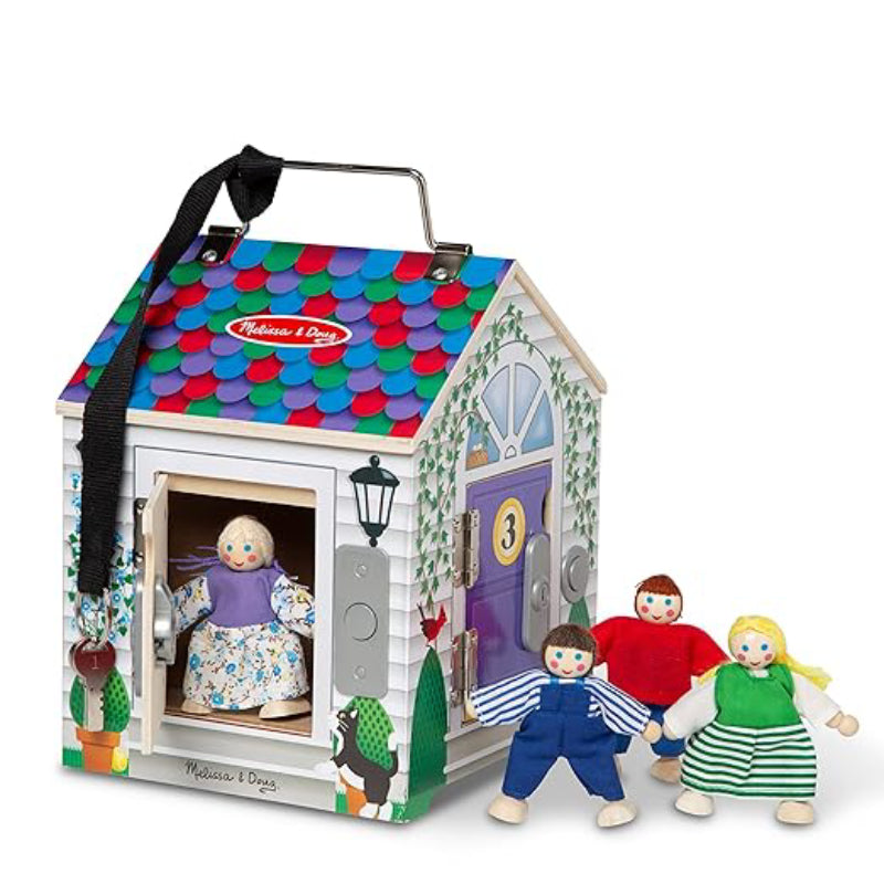 Melissa & Doug Take-Along Wooden Doorbell Dollhouse with 4 Poseable Dolls