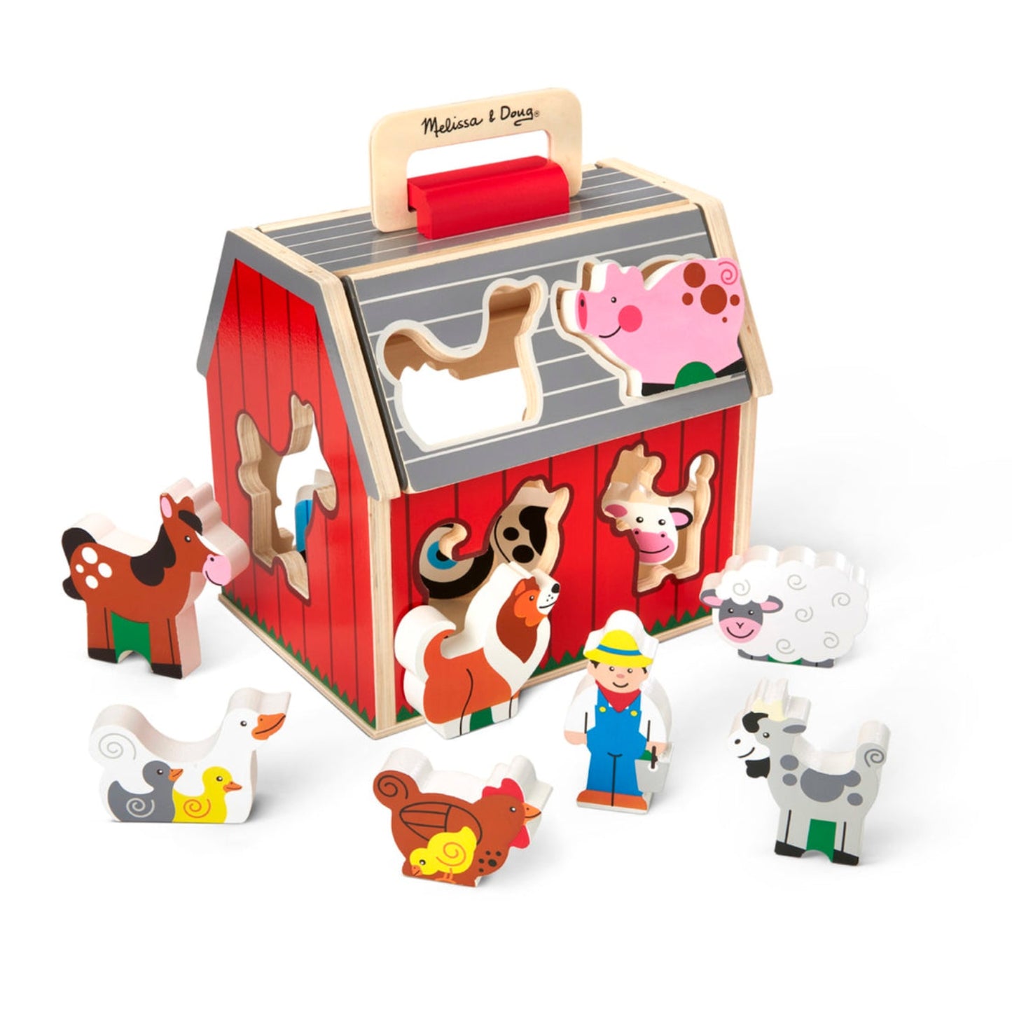 Melissa & Doug Take-Along Wooden Sorting Barn with Flip-Up Roof and Handle