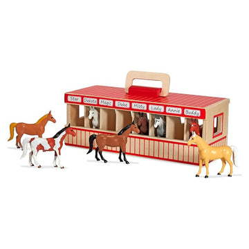 Juego de establo de caballos de exhibición portátil de Melissa &amp; Doug con 8 caballos de juguete