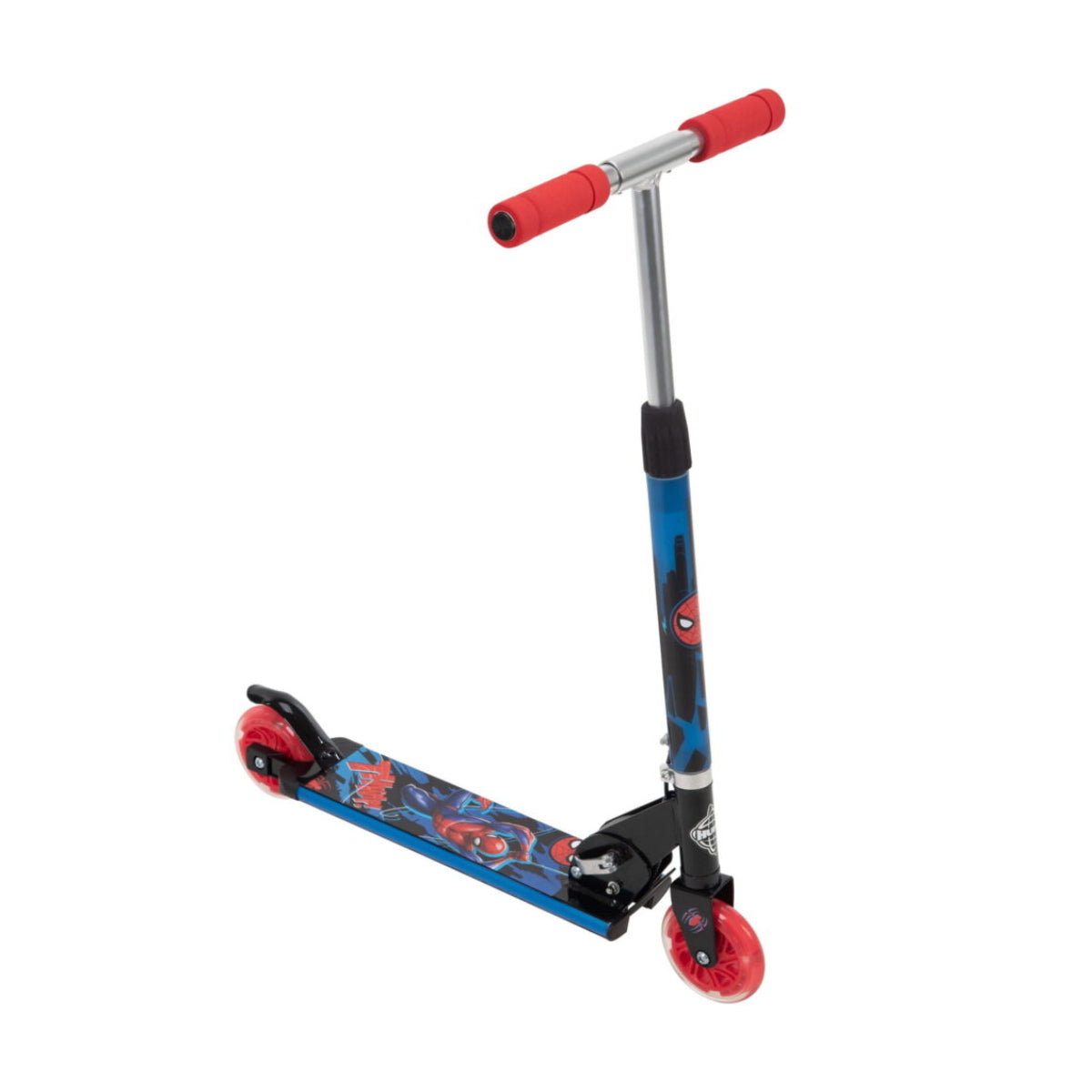 Patinete en línea eléctrico con luz Huffy Marvel Spider-Man para niños, color negro y rojo