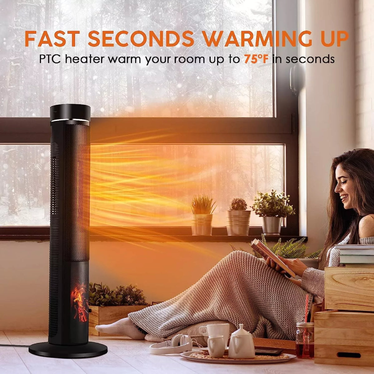 Toscana KPT-1606F 36" Oscillating Electric Space Heater with 3D Flame - Black