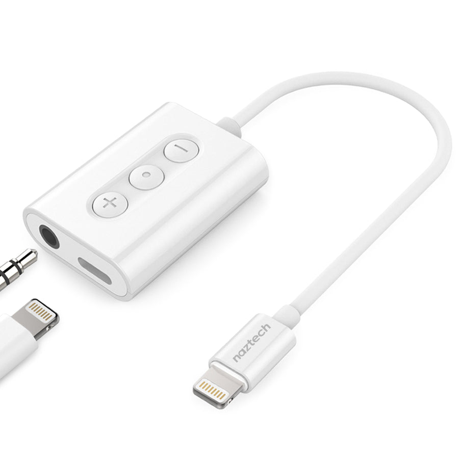 Adaptador de audio y carga Naztech de 3,5 mm con conector Lightning y MFi para iPhone (blanco)