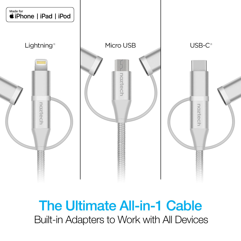 Cable trenzado híbrido USB a Micro USB/USB-C/MFi Lightning de 6' 3 en 1 de Naztech, gris