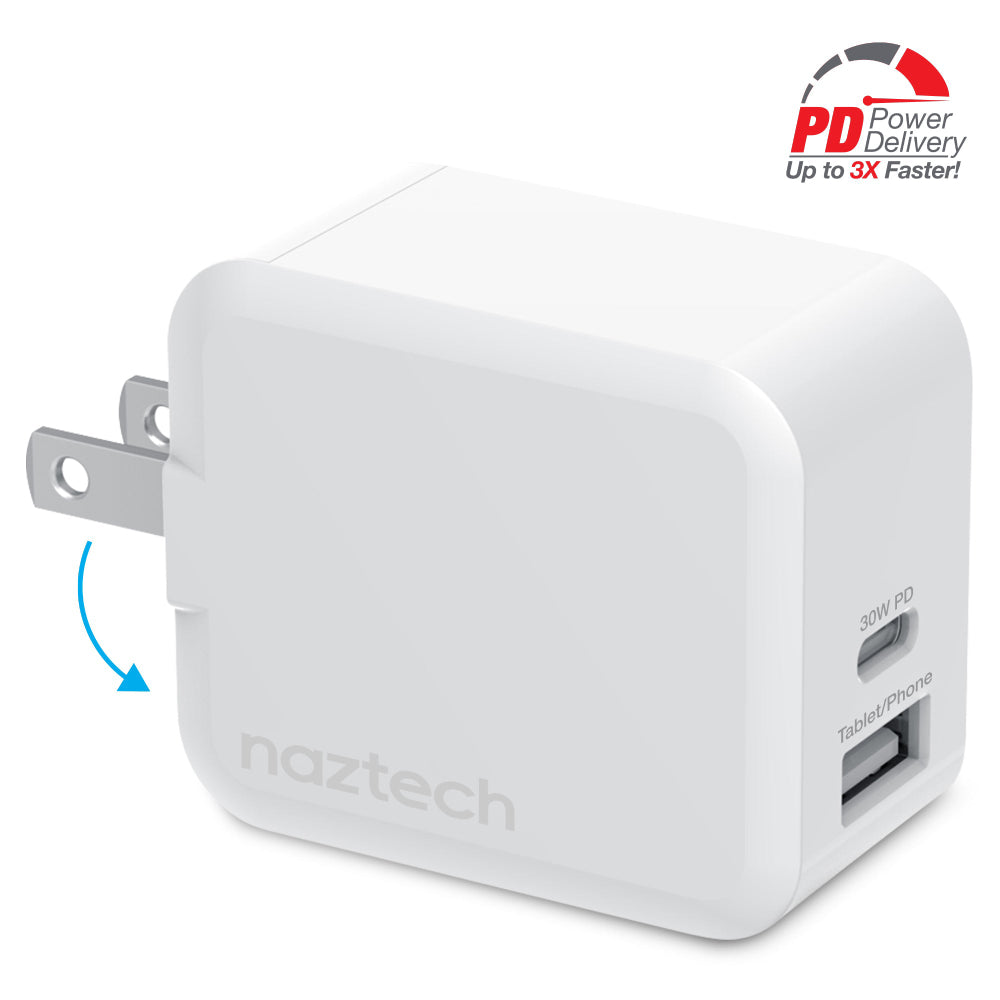 Cargador rápido de pared USB-C PD de 30 W y USB-C de 12 W de Naztech, color blanco