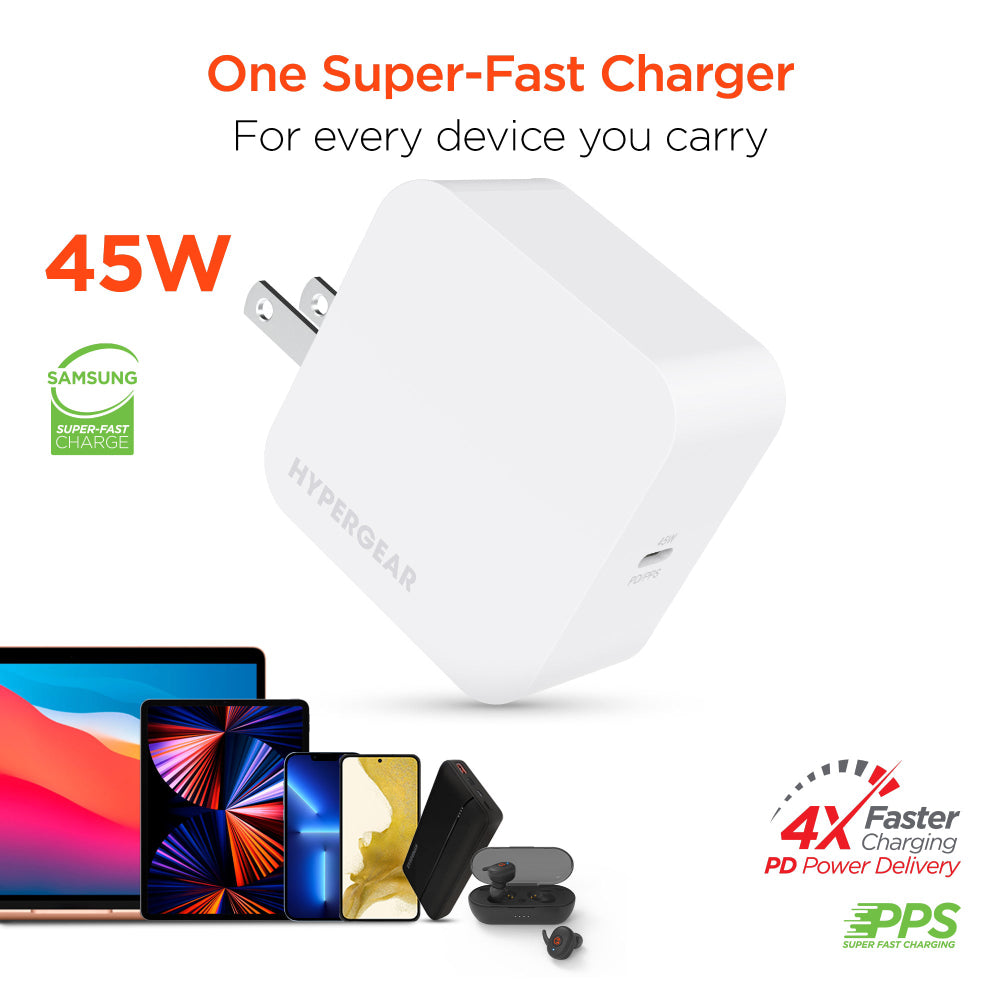 HyperGear SpeedBoost 45W USB-C PD Laptop Wall Charger with PPS - White