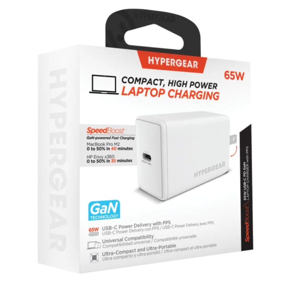 Cargador de pared para computadora portátil HyperGear SpeedBoost 65W USB-C PD GaN con PPS, color blanco