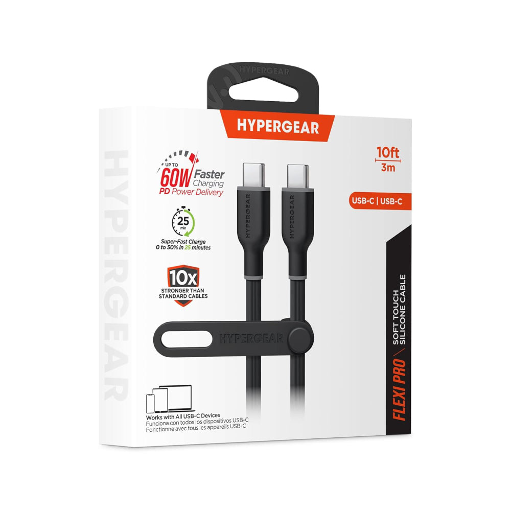 Cable de carga rápida USB-C a USB-C suave al tacto HyperGear Flexi Pro de 10 pies (negro)