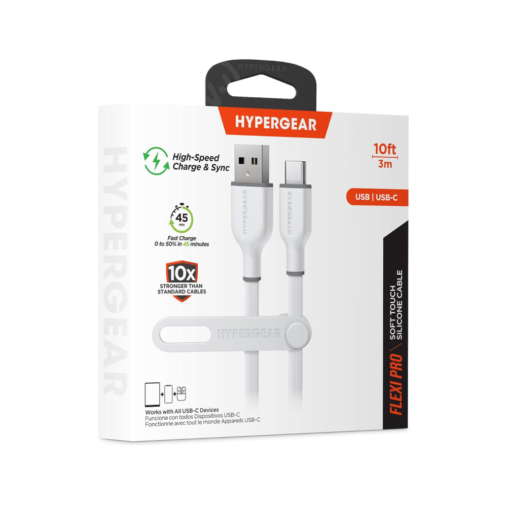 Cable de carga y sincronización USB a USB-C de tacto suave HyperGear Flexi Pro de 10 pies (blanco)