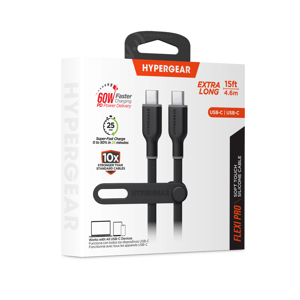 HyperGear Flexi Pro 15' USB-C to USB-C Soft-Touch Fast Charge Cable - Black