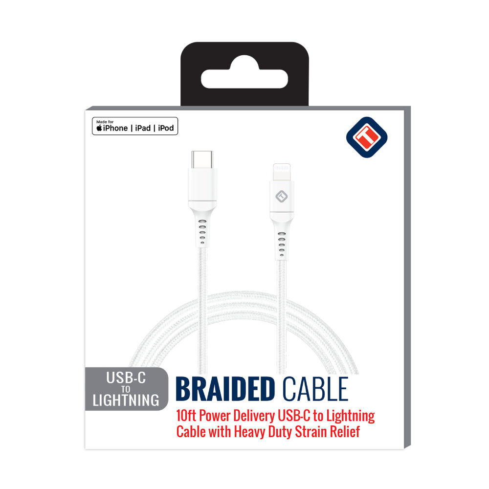 Tekya 10 ft USB-C to Lightning Braided Cable - White