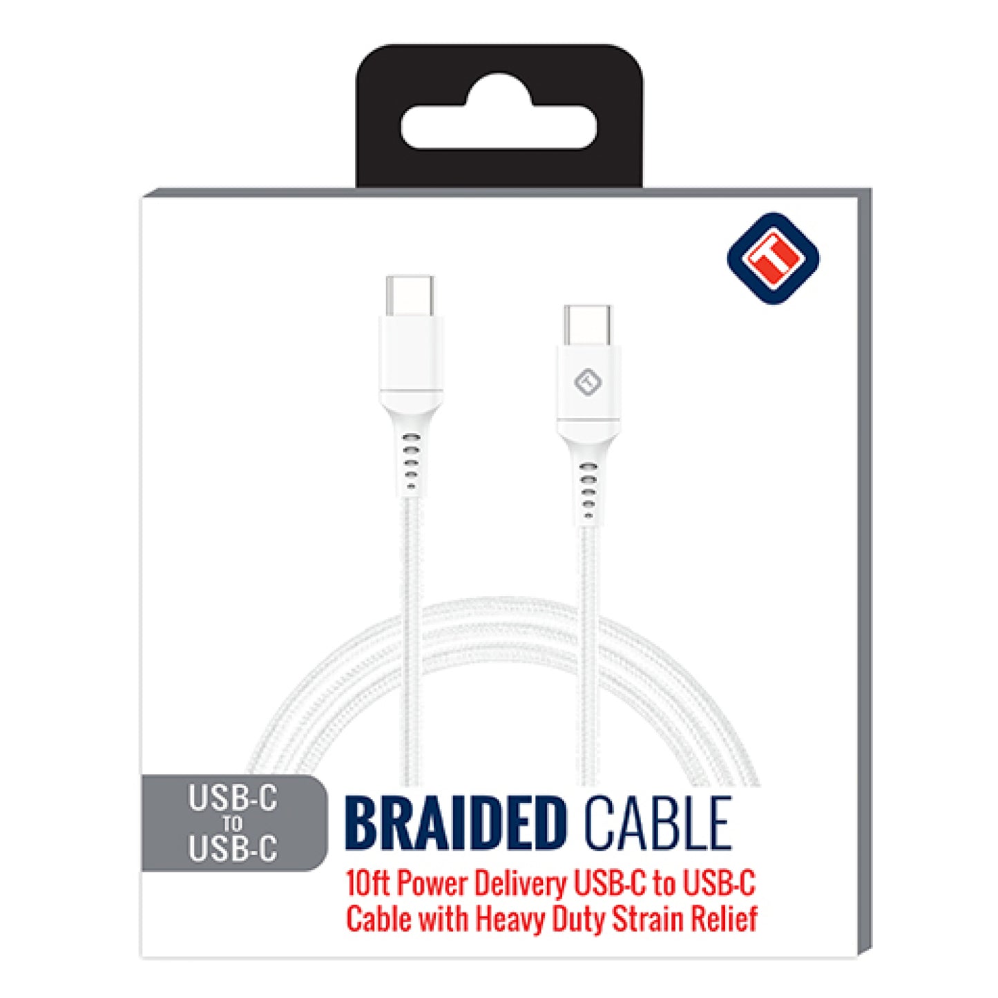 Cable trenzado USB-C a USB-C 3.0 de 10 pies de Tekya, color blanco