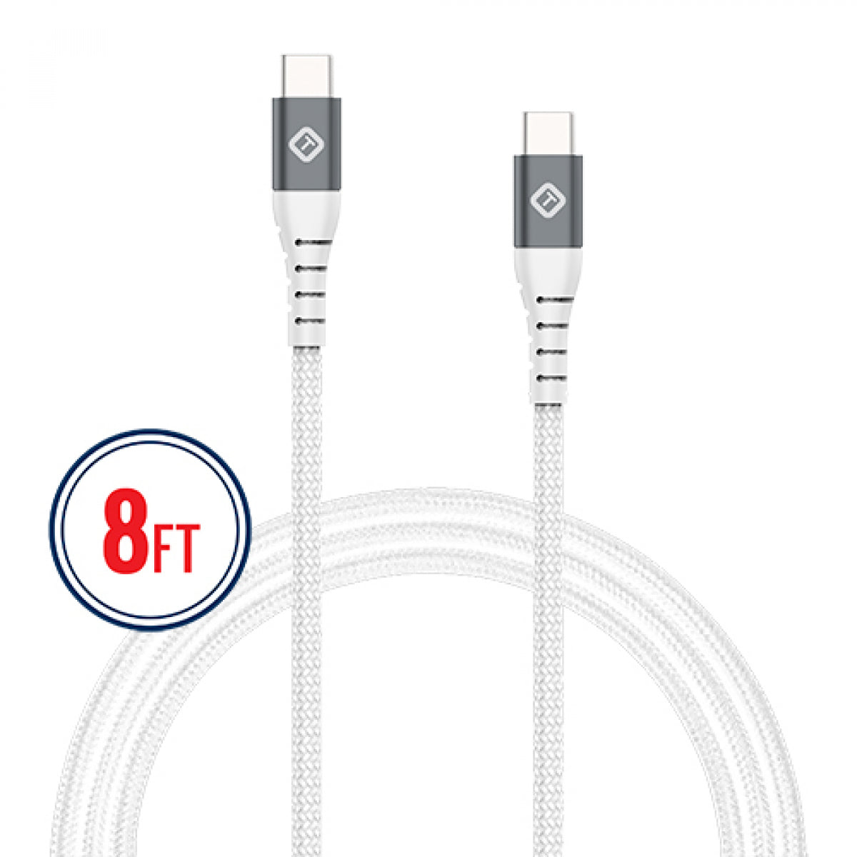 Cable USB-C a USB-C trenzado resistente de 8 pies de Tekya con chipset E-Mark (100-240 W) - Blanco