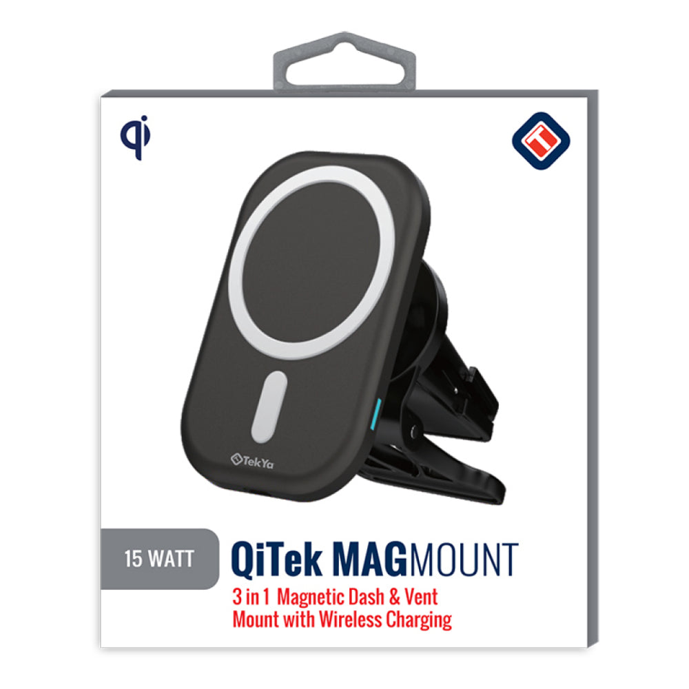 Tekya Qi Magmount 3-in-1 Magnetic Dash and Vent Mount with Wireless Charging - Black