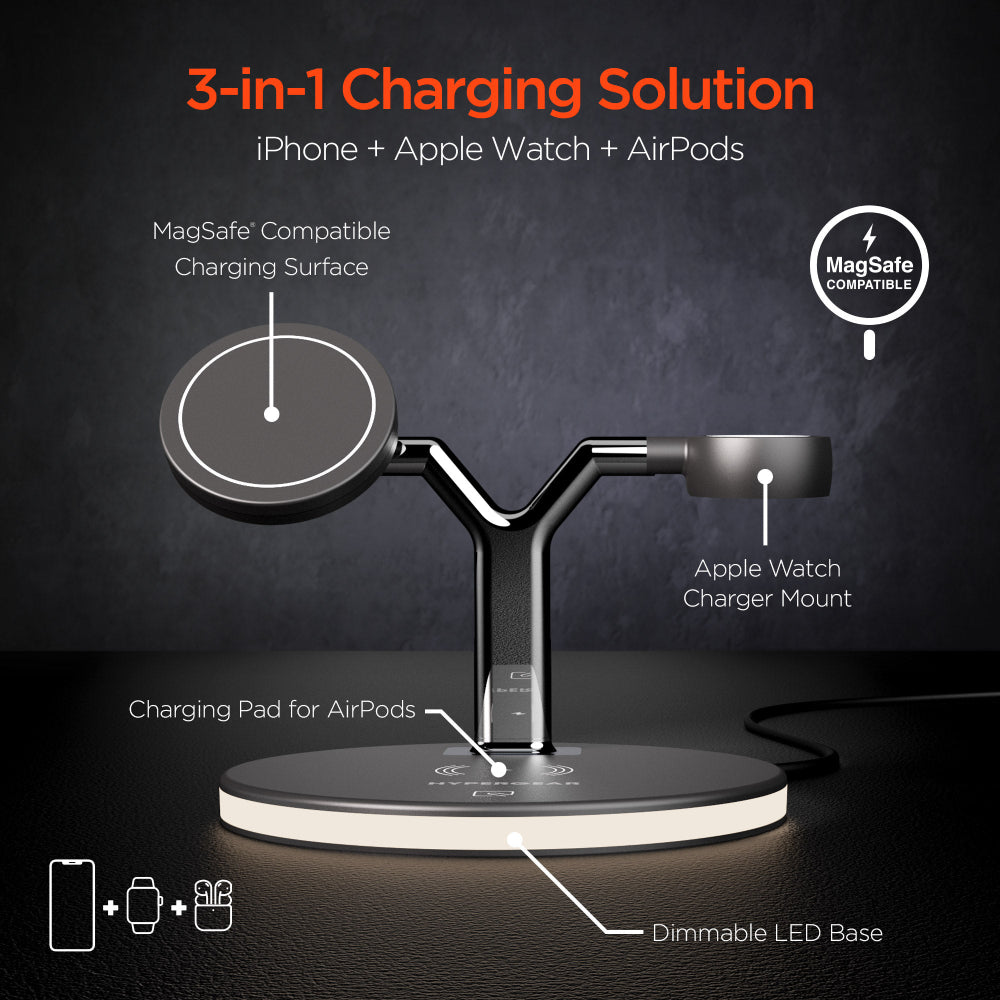 HyperGear MaxCharge 3-in-1 Wireless Charging Stand with 15W Magnetic Wireless Fast Charge - Black