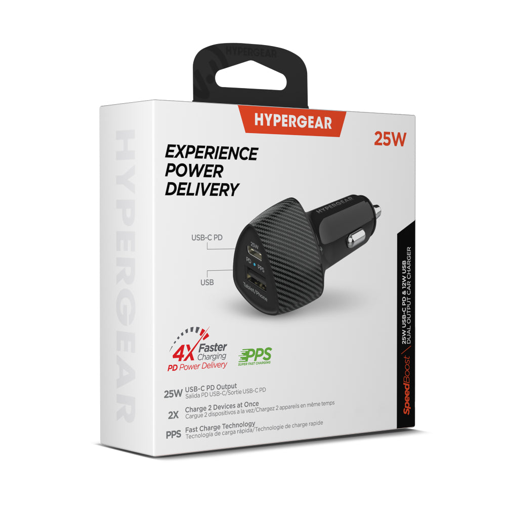 HyperGear SpeedBoost 25W USB-C PD + 12W USB Fast Car Charger with PPS - Black