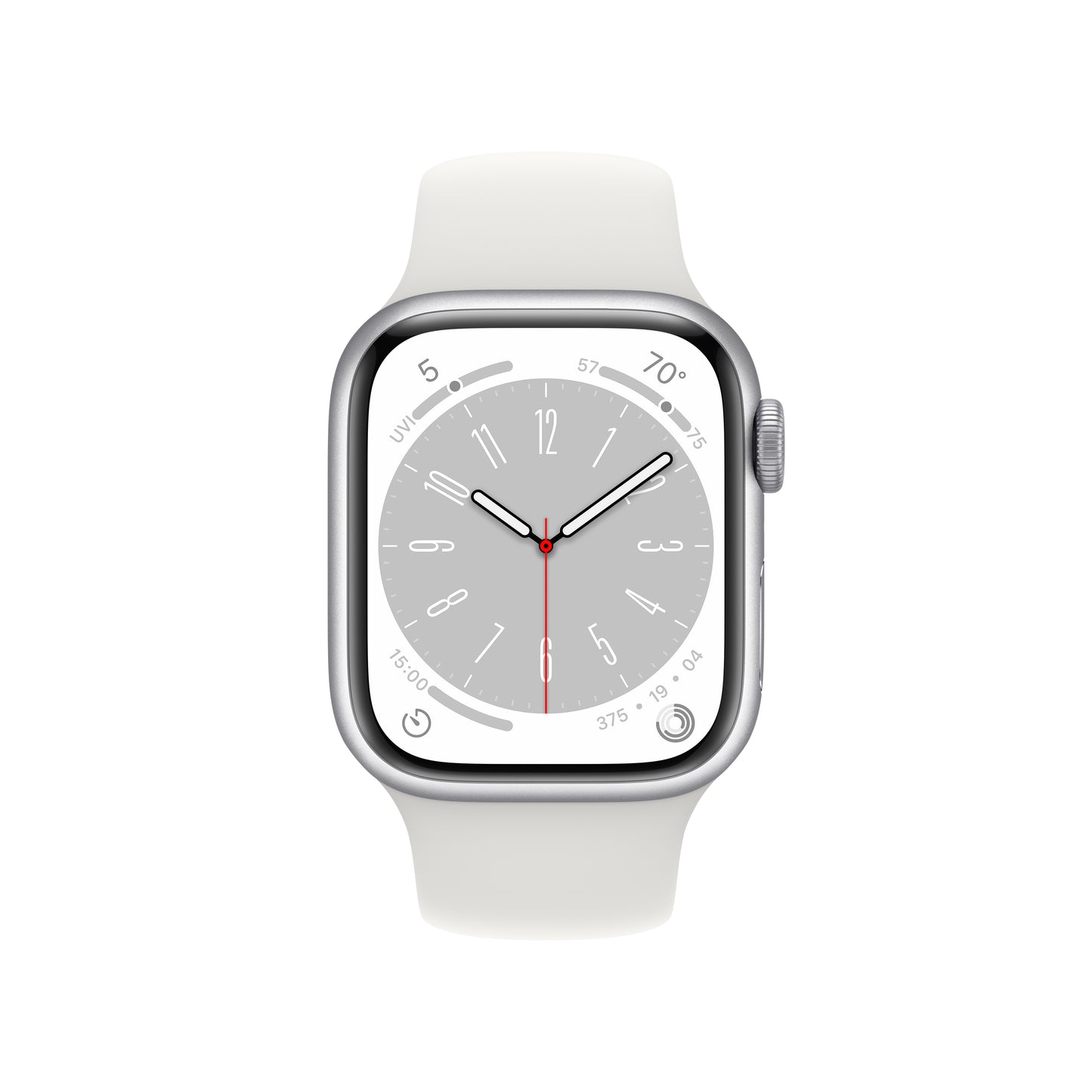 Reloj inteligente unisex Apple Series 8 de 41 mm con caja de aluminio plateada y correa deportiva blanca (talla S/M), GPS y conexión celular