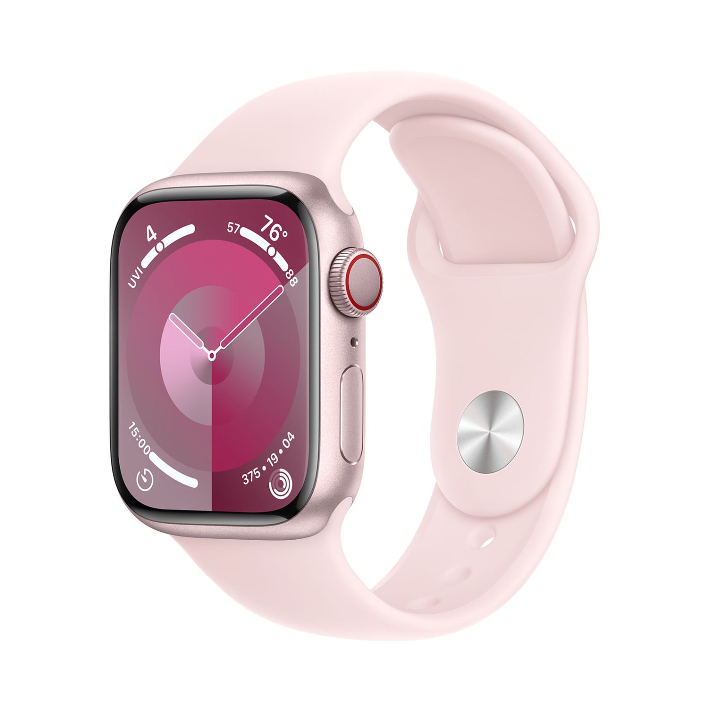 Reloj inteligente unisex Apple Series 9 de 41 mm con caja de aluminio rosa y correa deportiva rosa claro (talla pequeña/mediana), GPS y conexión celular