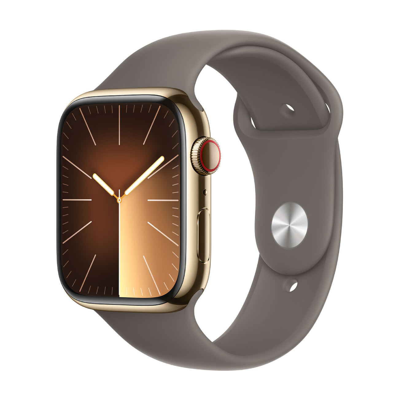 Reloj inteligente unisex Apple Series 9 de 41 mm con caja de acero inoxidable dorado y correa deportiva de arcilla (talla pequeña/mediana), GPS y conexión celular