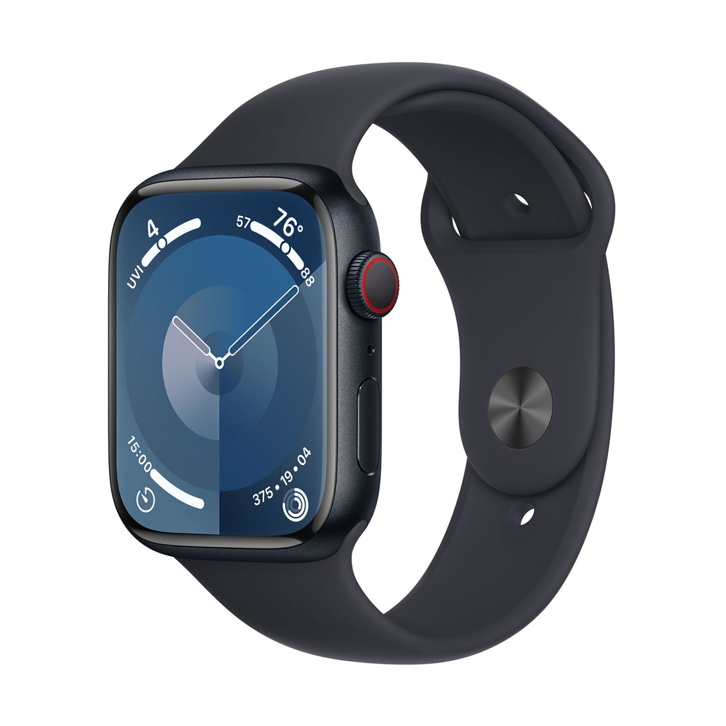 Reloj inteligente unisex Apple Series 9 de 45 mm con caja de aluminio y correa deportiva color medianoche (talla M/L), GPS y conexión celular