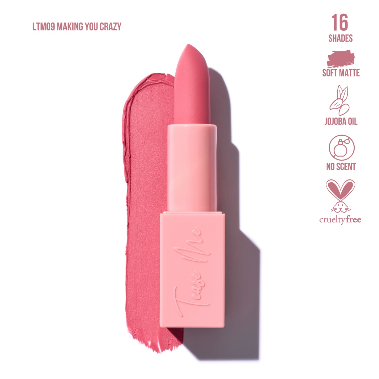 Lápiz labial Tease Me de Beauty Creations, 0,12 oz, que te vuelve loca (rosa)