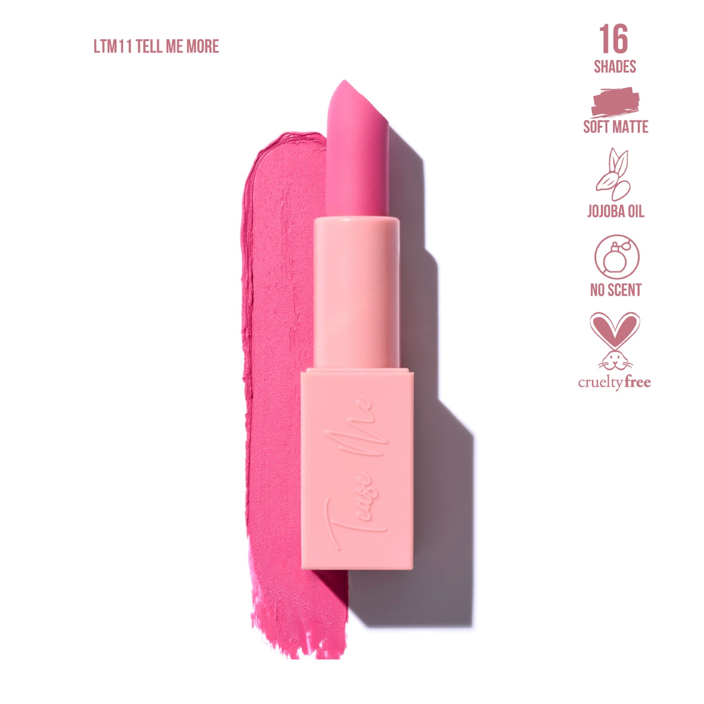 Lápiz labial Tease Me de Beauty Creations, 0,12 oz, Tell Me More (rosa)