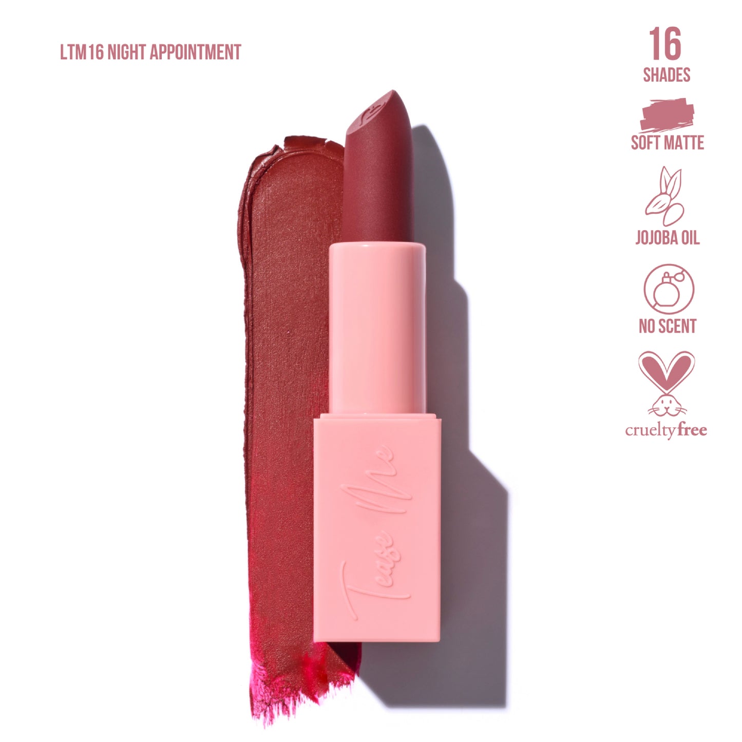 Lápiz labial Tease Me de Beauty Creations, 0,12 oz, Night Appointment (rojo)