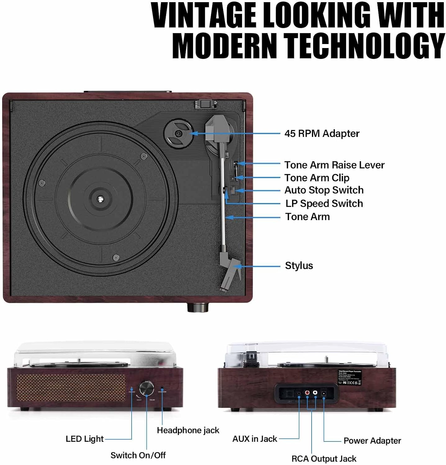 Vinyl Record Player Turntable with Built-in Bluetooth Receiver