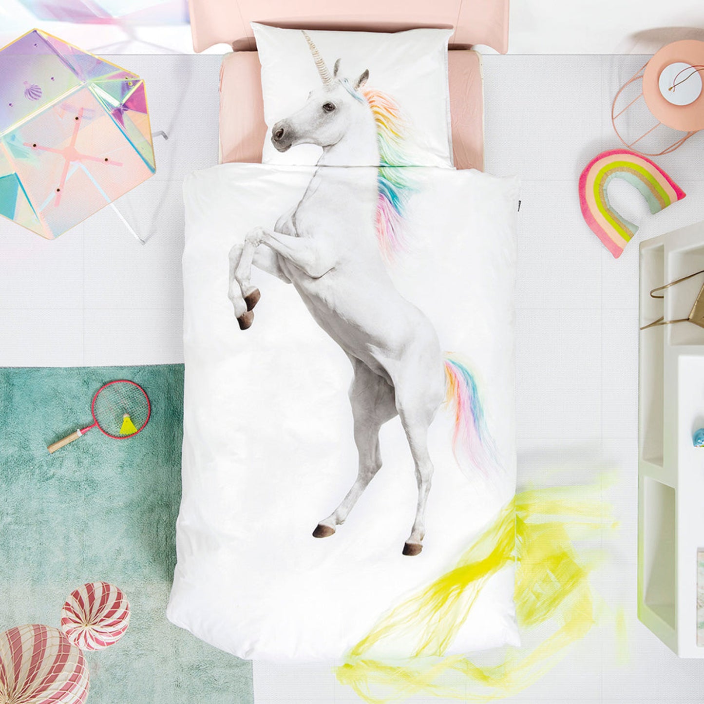 Juego de funda nórdica de dos piezas con diseño de unicornio de Snurk, tamaño doble, blanco y multicolor