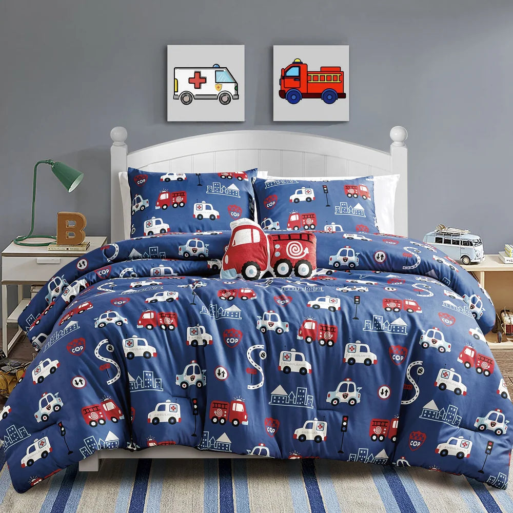 Esca Firetruck Twin Size 3-Piece Comforter Set - Blue