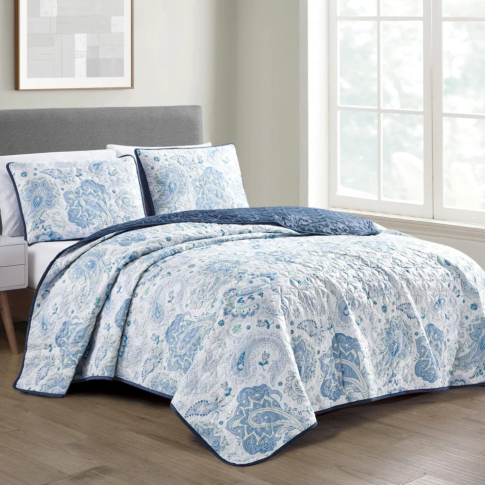 Esca Heget King Size 3-Piece Reversible Bedspread Set - Blue/White