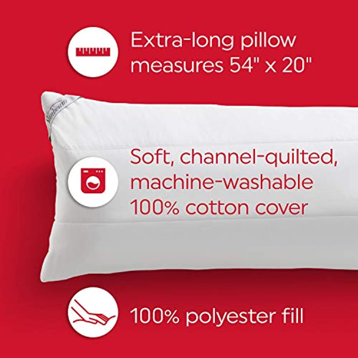 Sunbeam 2127865 54" Heated Body Pillow with Temperature Controller - White