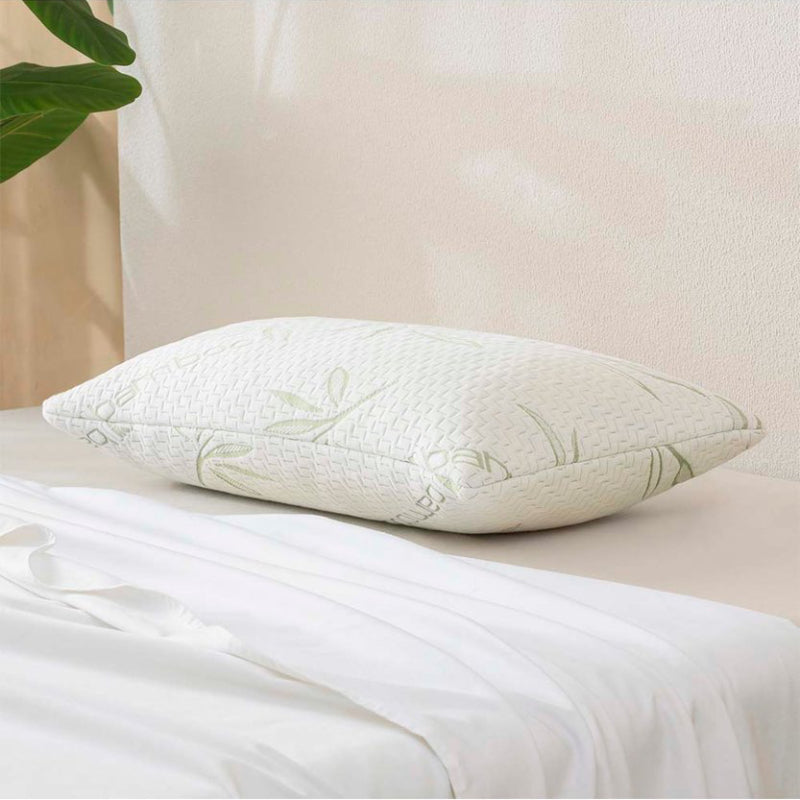 Spirit Linen Bamboo Memory Foam Pillow - White/Light Green Leaves