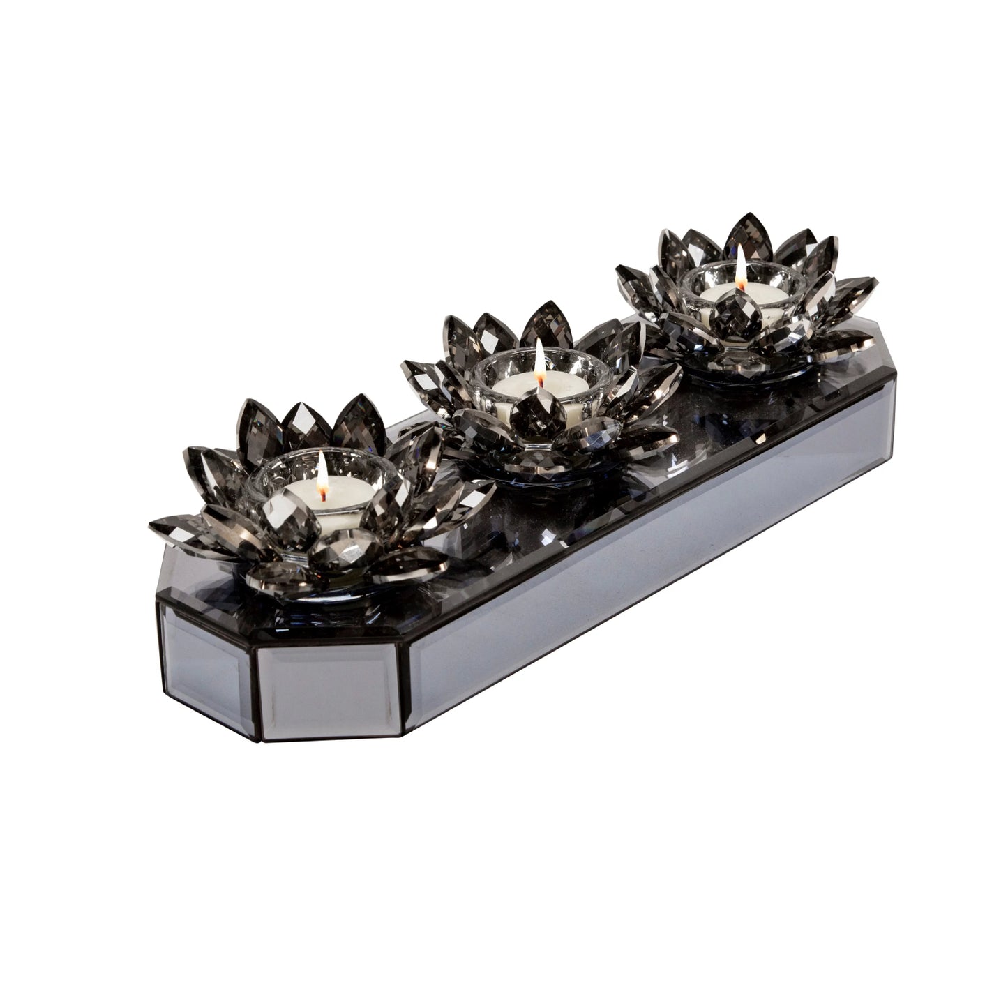 Sagebrook Home 13" Glass 3-Lotus Mirrored Candle Holder - Black