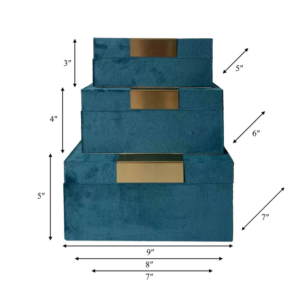 Sagebrook Home Decorative Storage Boxes (Set of 3) - Teal Green/Gold Velvet