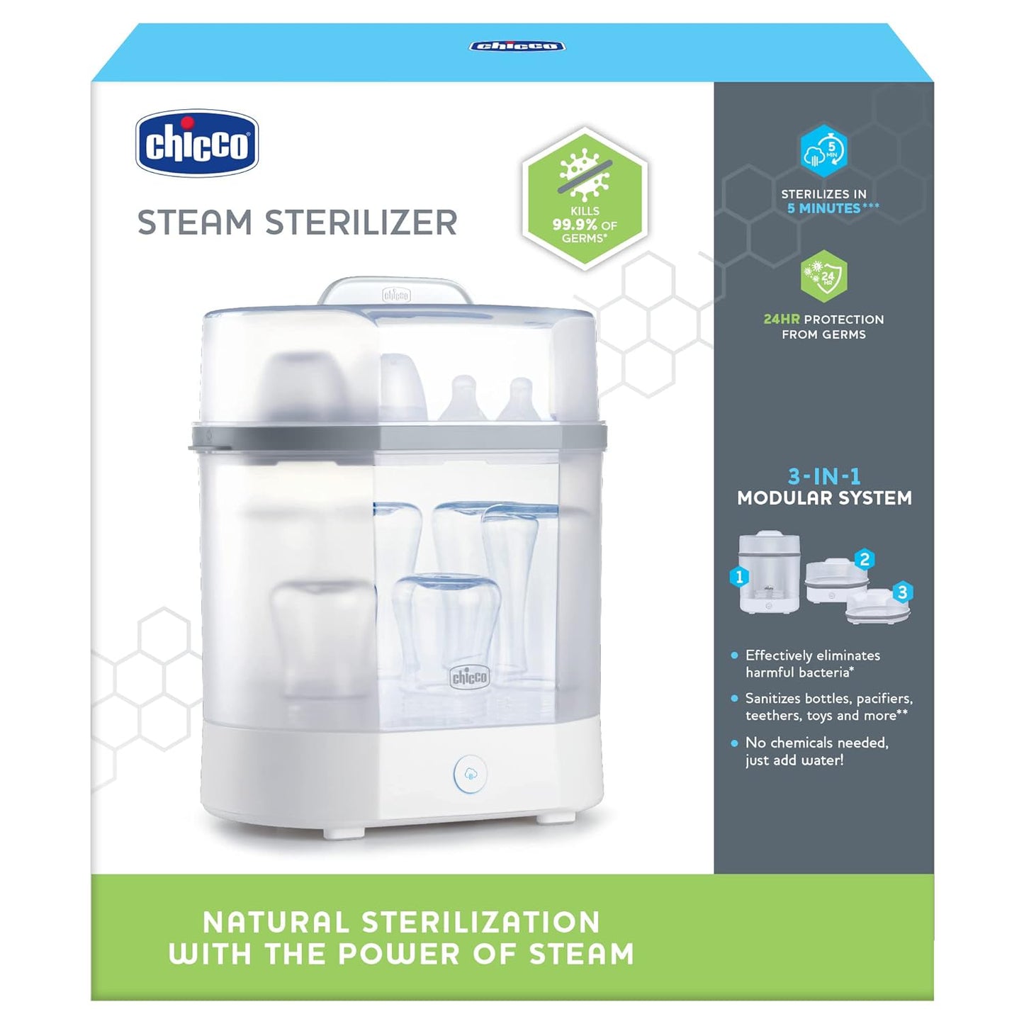 Sistema modular de esterilizador a vapor eléctrico 3 en 1 de Chicco, color blanco