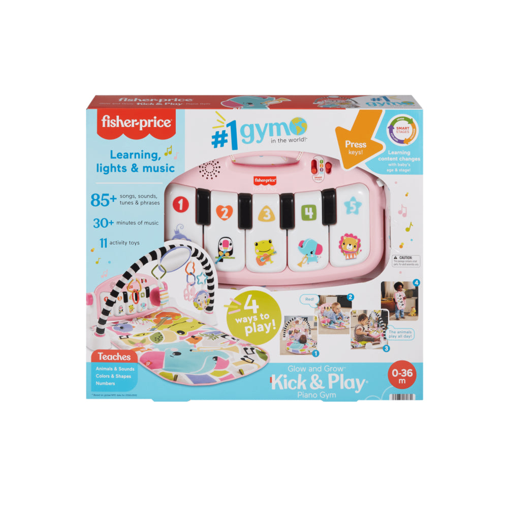 Fisher-Price 4-in-1 Glow and Grow Kick and Play Piano Gym Baby Playmat with Musical Learning Toy - Pink