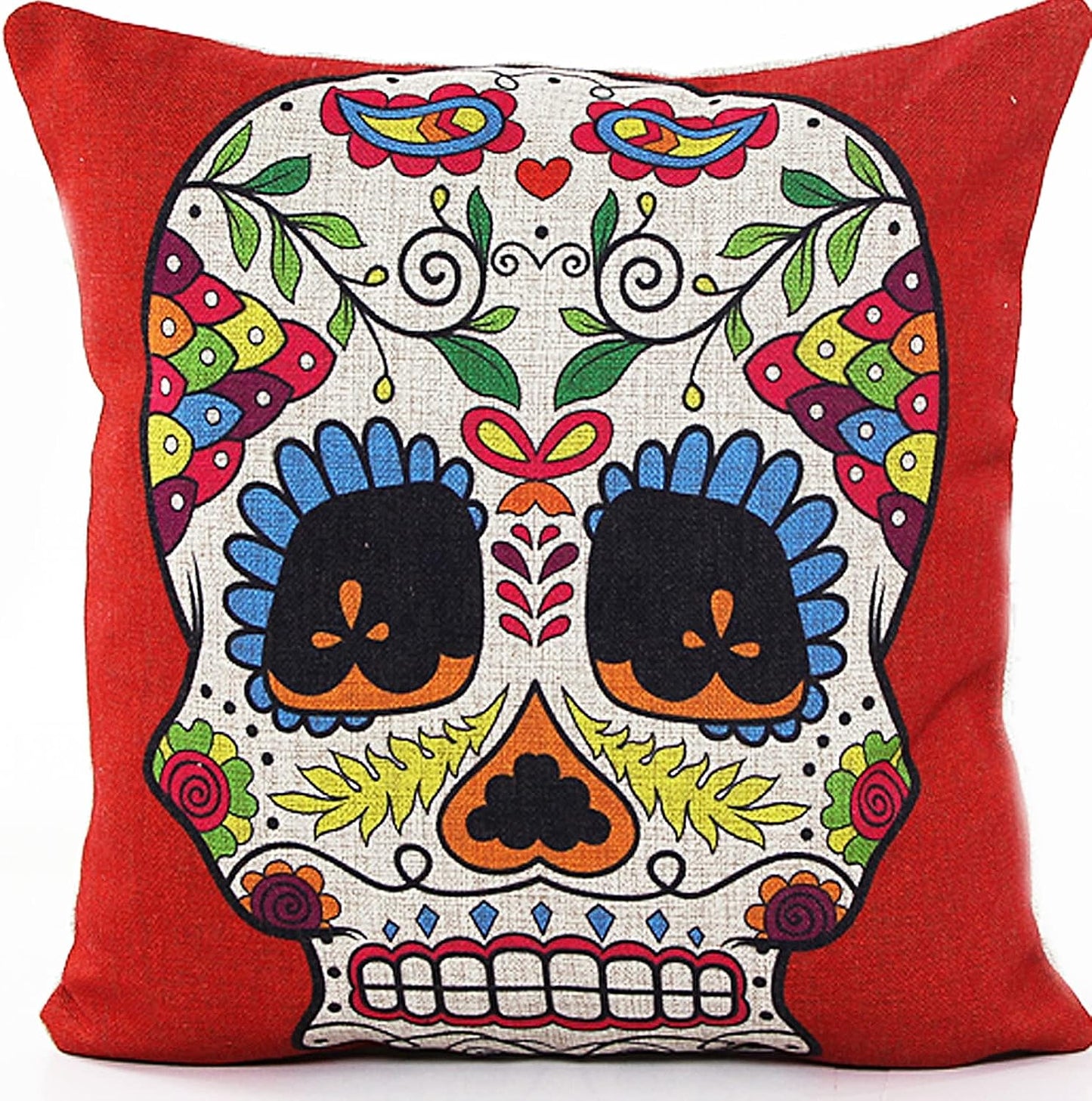 18" Retro Colorful Floral Sugar Skull Mexican Day of the Dead Linen Pillow Cushion Cover 4NS6 by L & J Art