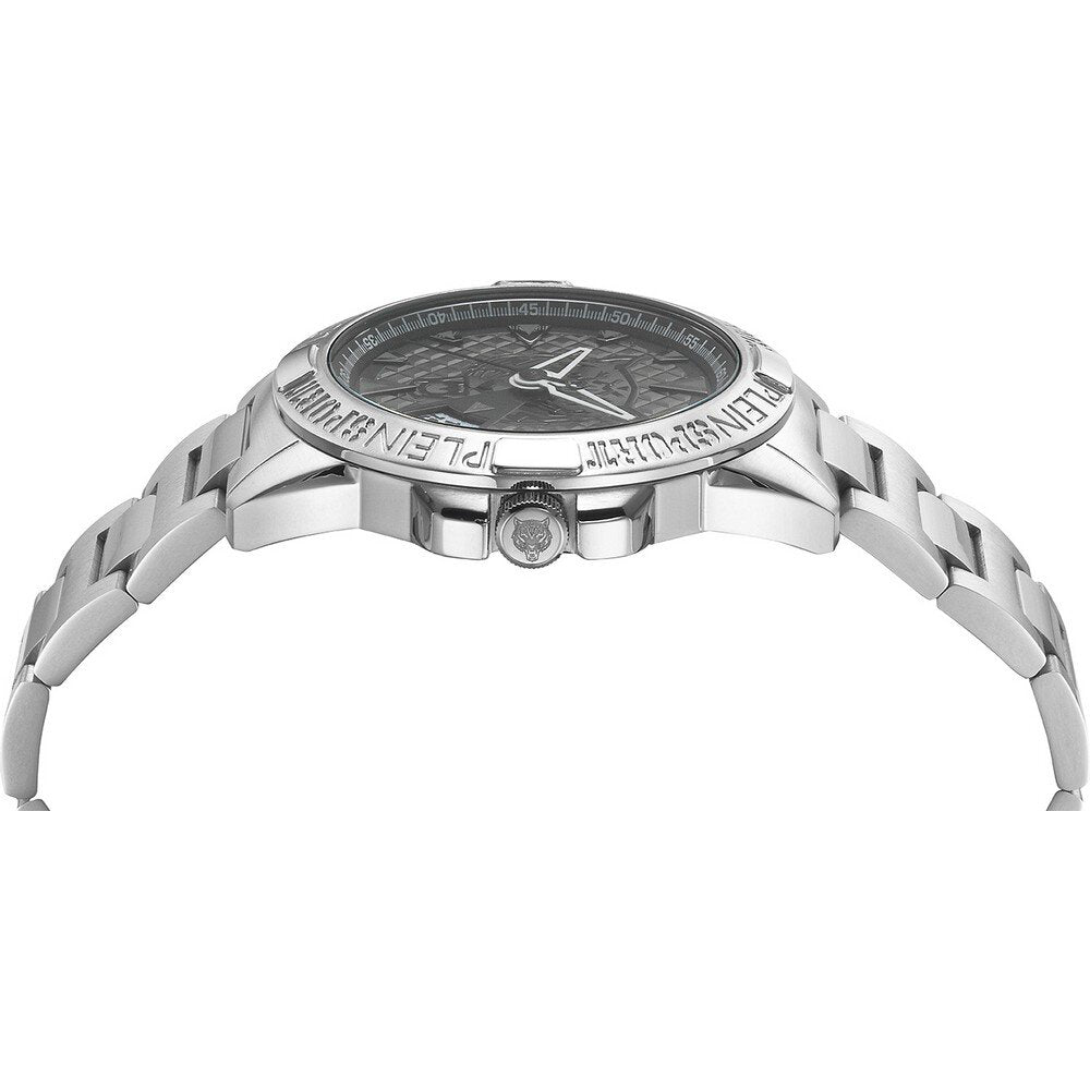 Reloj de cuarzo con pulsera plateada y esfera negra para hombre Plein Sport Touchdown de 44 mm