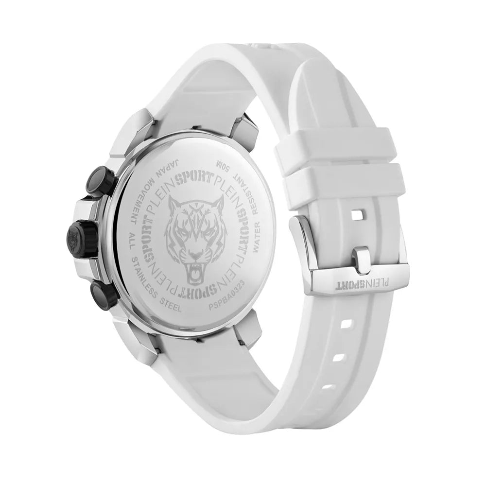 Reloj cronógrafo de cuarzo para hombre Plein Sport Powerlift de 45 mm con correa blanca y esfera plateada