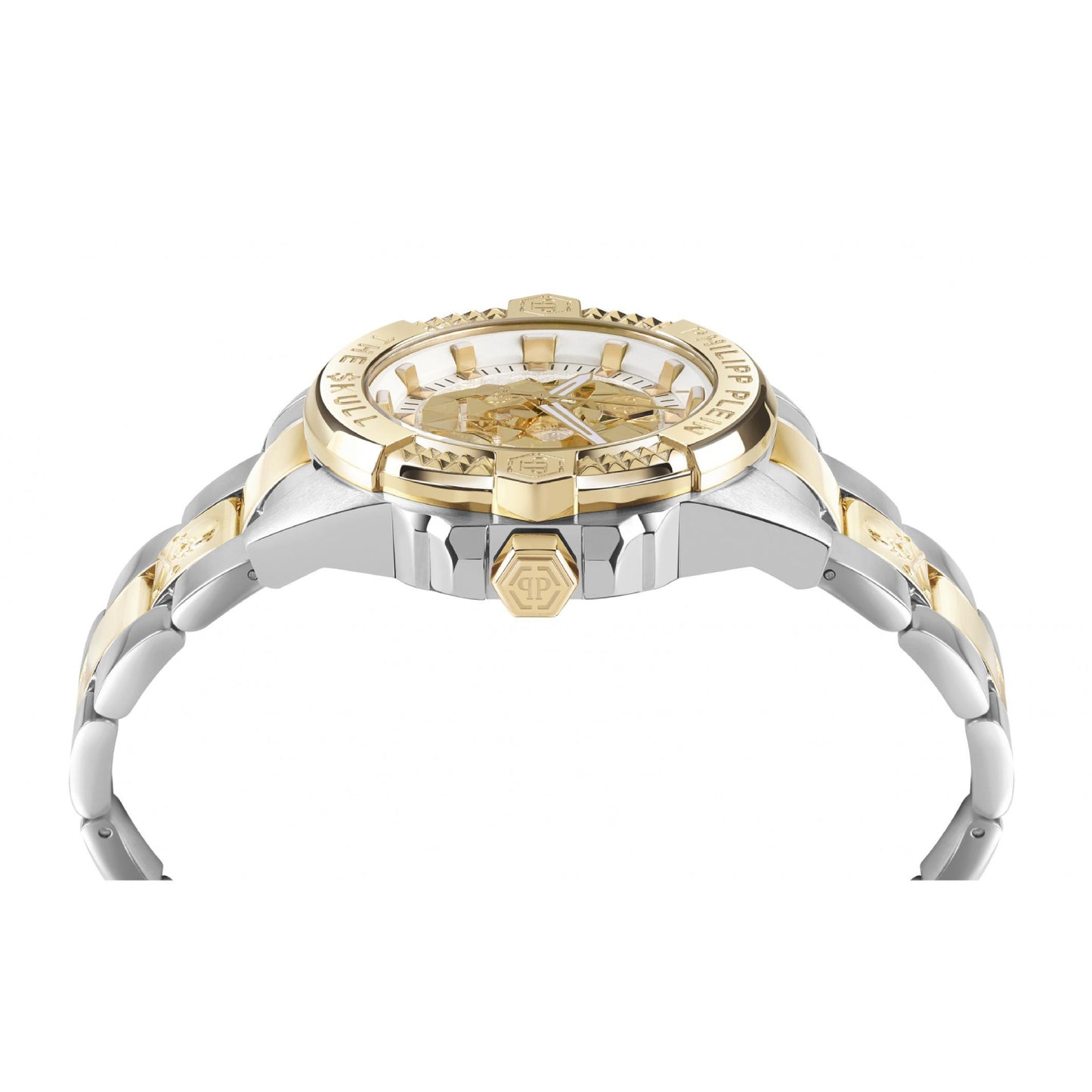 Reloj Philipp Plein The Skull para mujer, pulsera de plata y oro con tres manecillas de 41 mm, esfera blanca