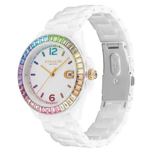 COACH Greyson Rainbow Crystal Accents and White Ceramic Bracelet Watch