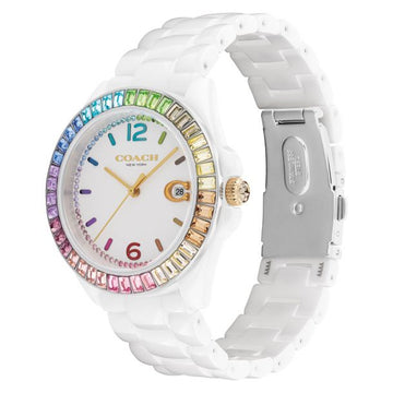 COACH Greyson Rainbow Crystal Accents and White Ceramic Bracelet Watch