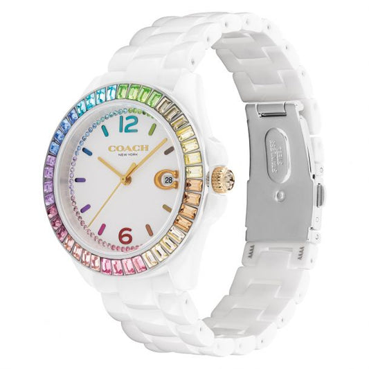 Reloj de pulsera de cerámica blanca y detalles de cristal arcoíris Greyson de COACH