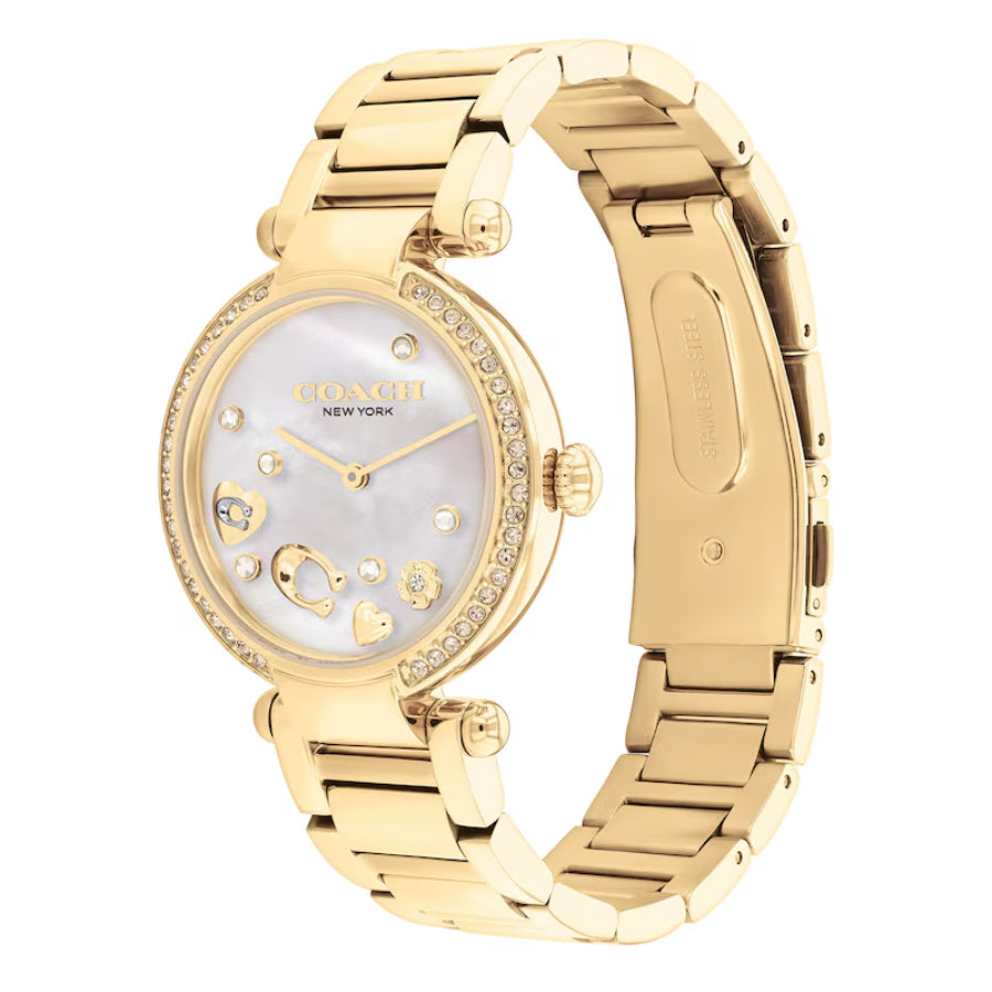 Reloj de pulsera dorado de 34 mm para mujer Coach Cary con esfera de nácar