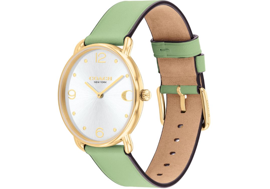 Reloj de 36 mm con correa de piel verde pistacho y esfera con efecto rayos de sol en color blanco Elliot de Coach