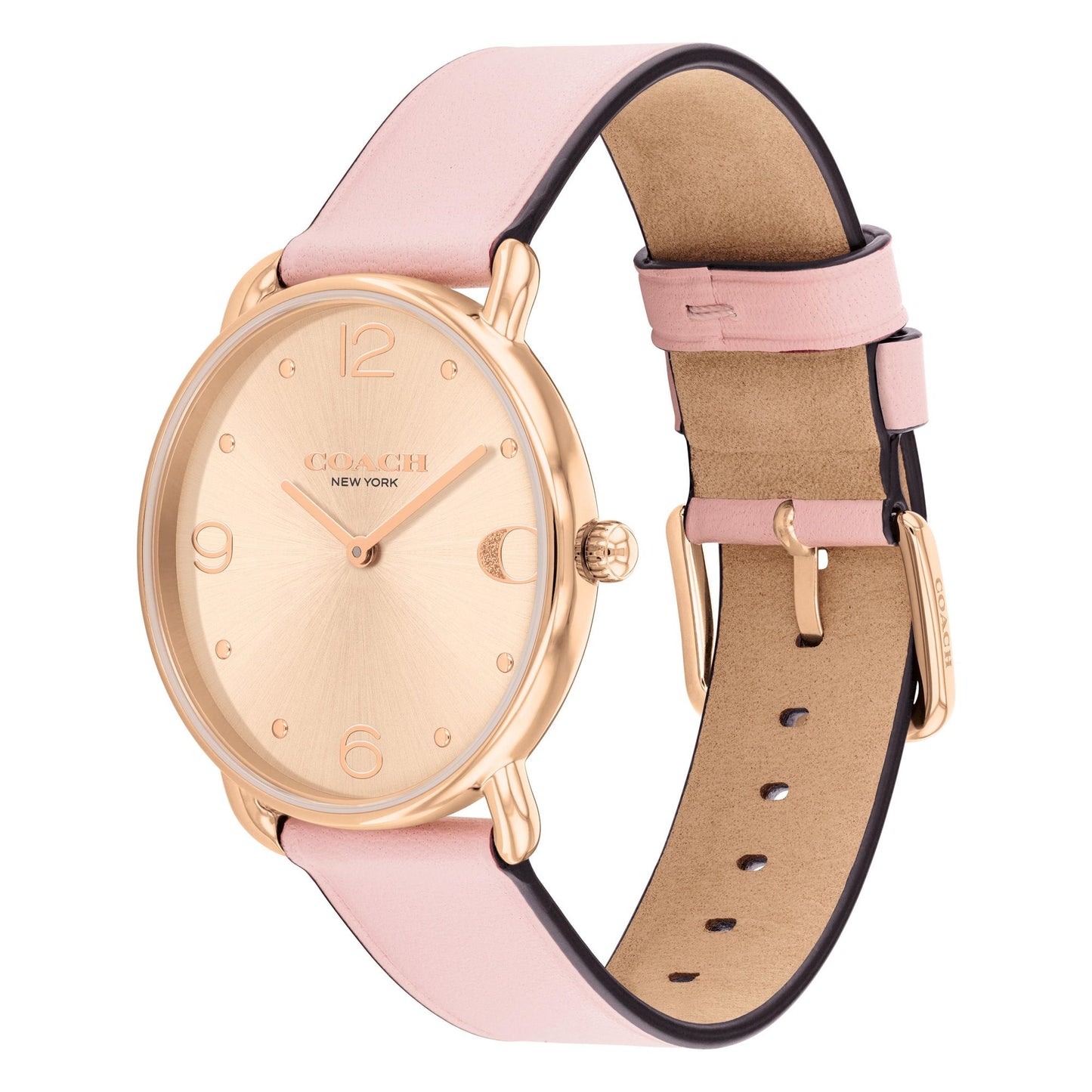 Reloj de 36 mm con correa de piel color rosa ruborizada y esfera en tono dorado rosa de Coach Elliot