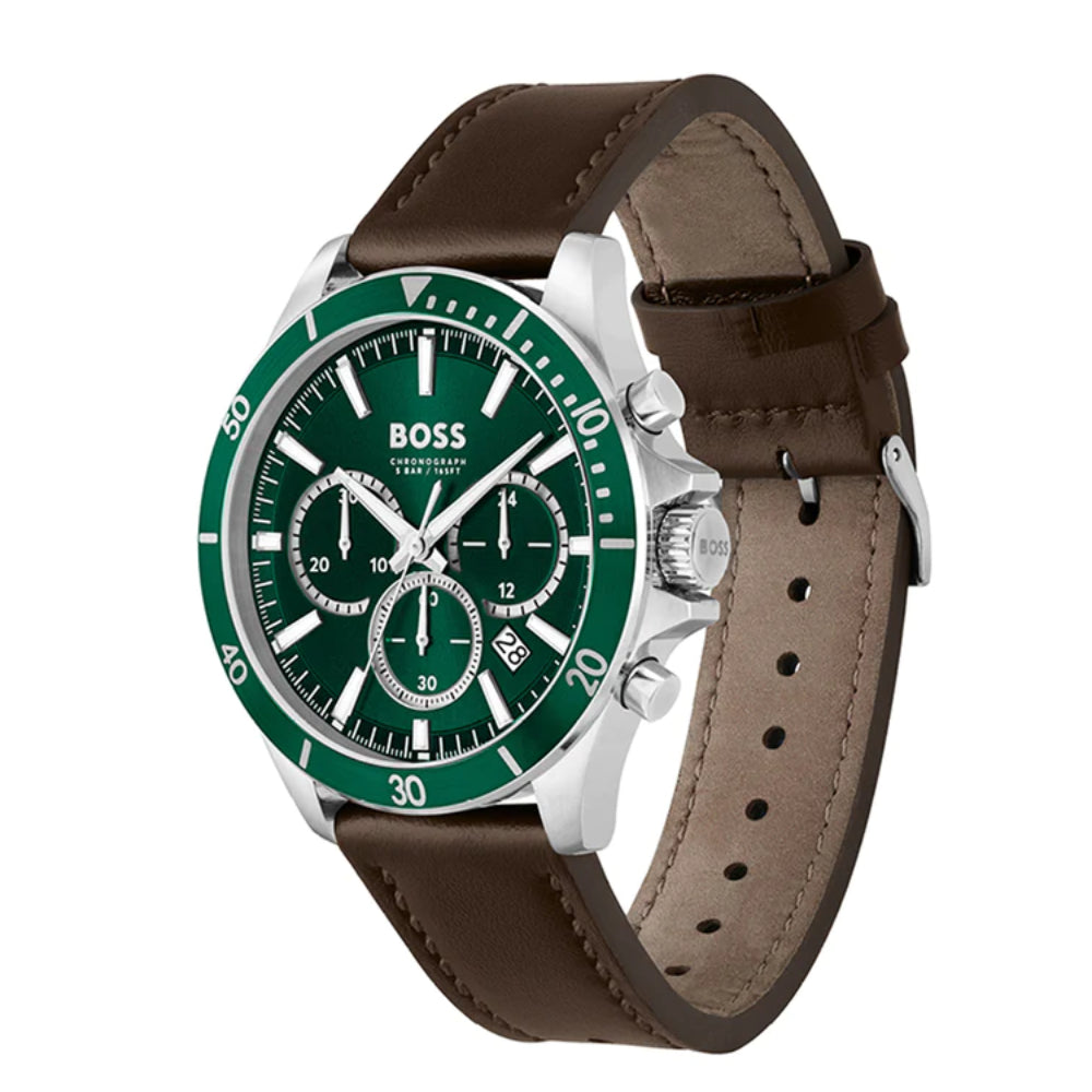 Reloj cronógrafo Boss Troper de 45 mm para hombre con correa de cuero marrón y esfera verde