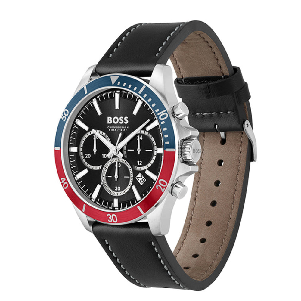 Boss Troper Men's 45mm Chronograph Leather Strap Watch - Black