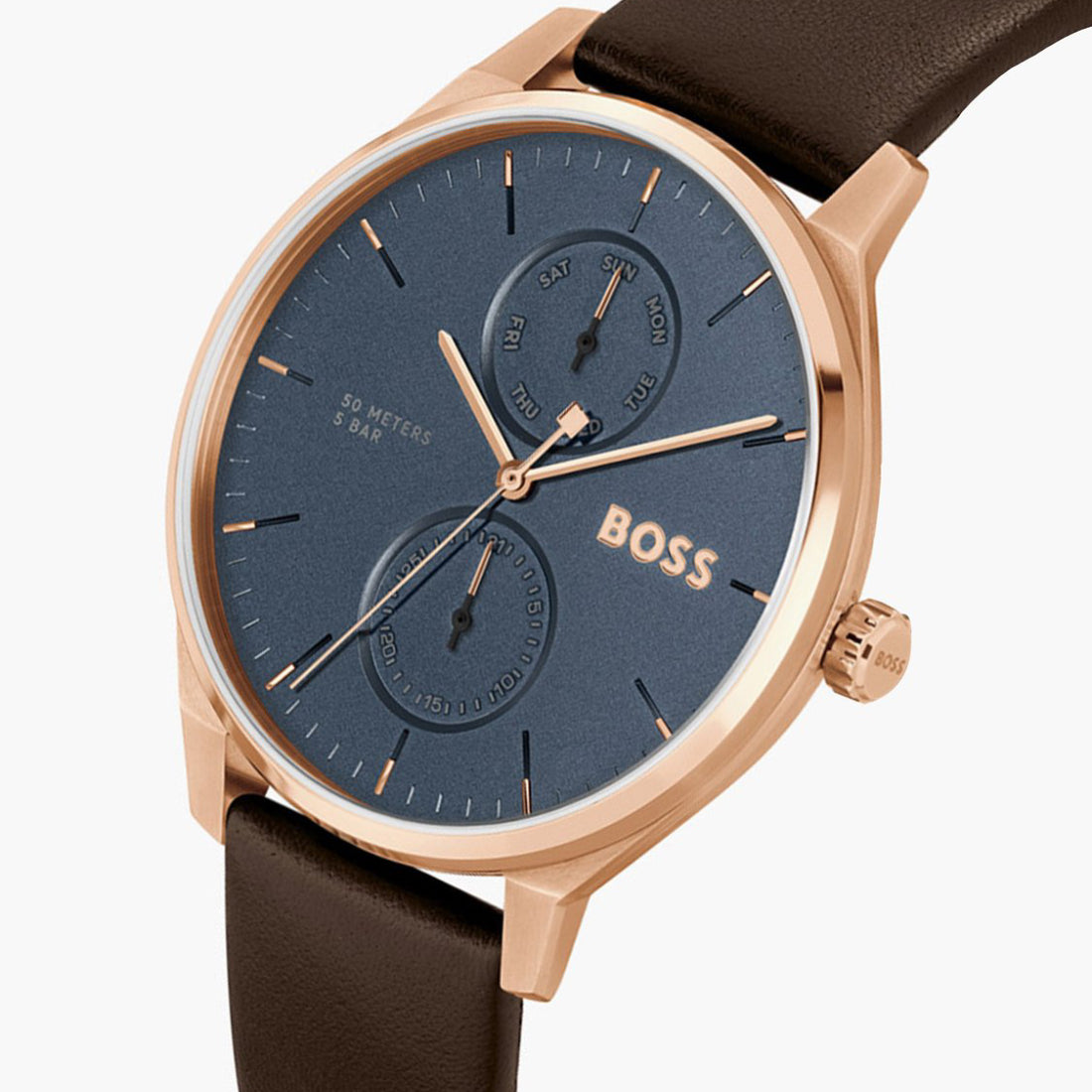 Reloj analógico Boss Tyler para hombre, de 43 mm, con correa de piel de becerro marrón y esfera azul